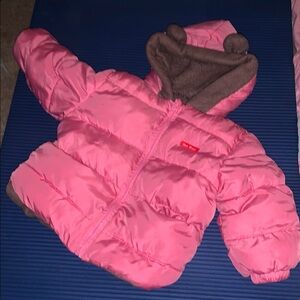 Pink Puffer Jacket with Brown Accents